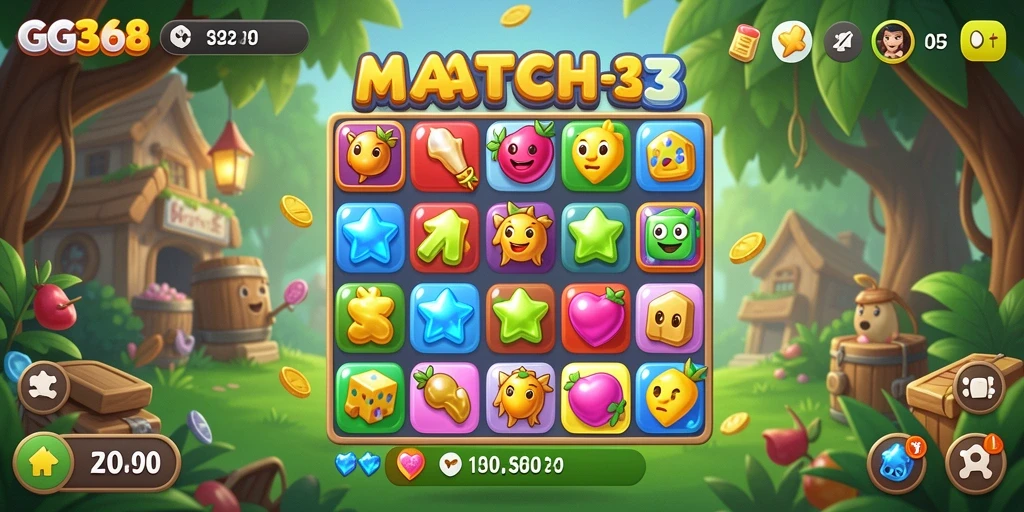 Tangkapan layar GG368 menampilkan aksi mencocokkan objek warna-warni dalam permainan Match-3.