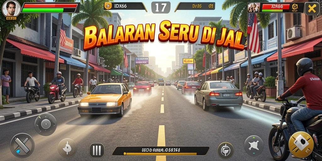 Screenshot utama IDX66 menampilkan aksi balapan yang mendebarkan.